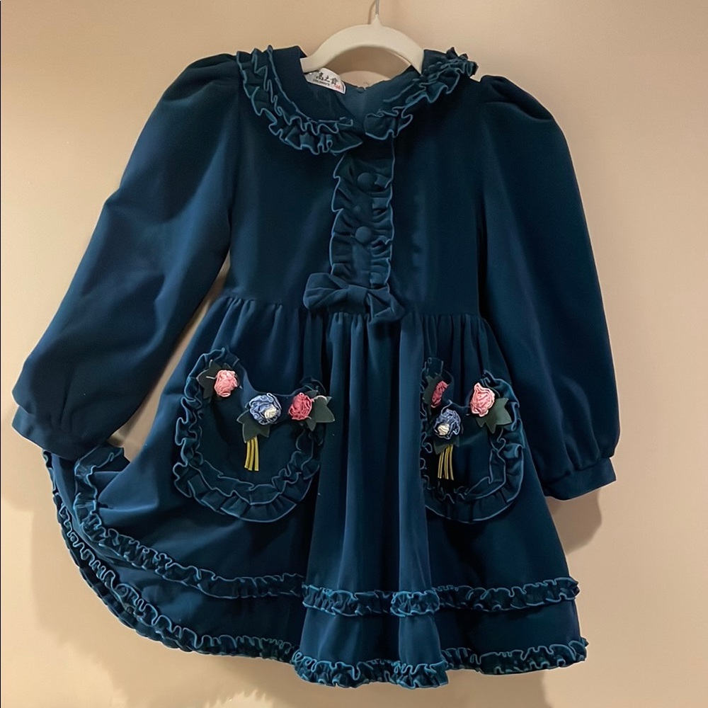 Vintage teal Blue velvet Dress with matching‎ Purse